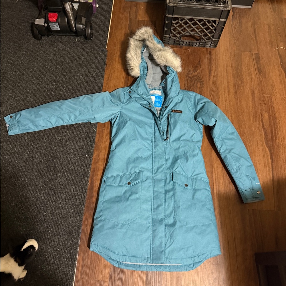 Columbia Teal Hooded Ski Snow Jacket with Faux Fur Trim